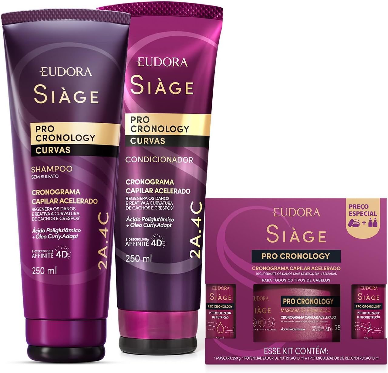 Combo Siàge Pro Cronology Curvas: Shampoo 250ml + Condicionador 250ml + Kit Cronograma Capilar Acelerado